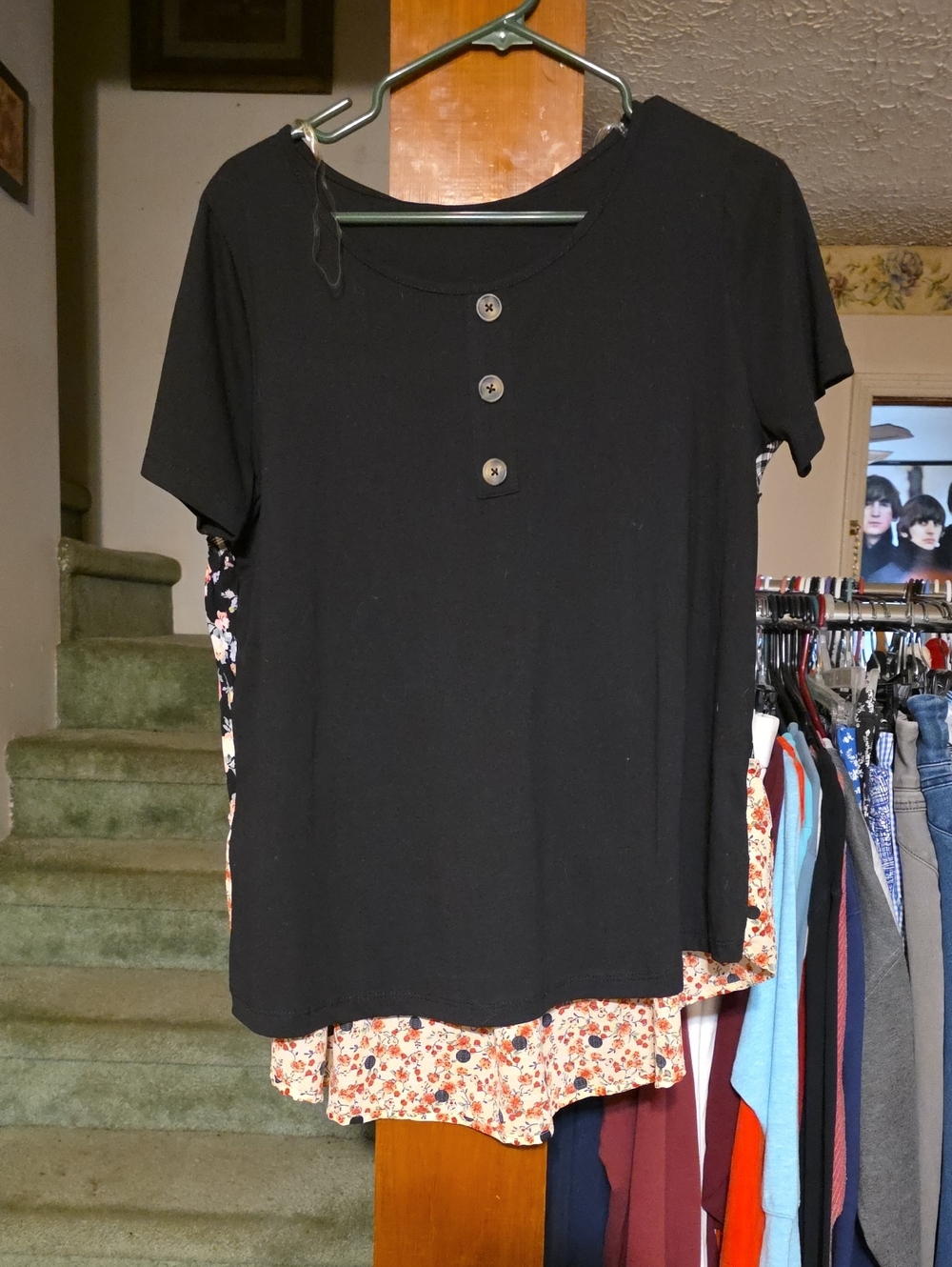 Umgee Black Short-Sleeve Button Front Layered Tee with Floral Underlay